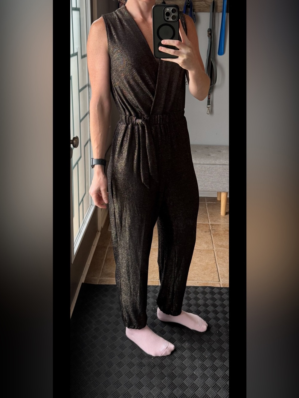 Sandra Darren Black Metallic Sleeveless Jumpsuit
